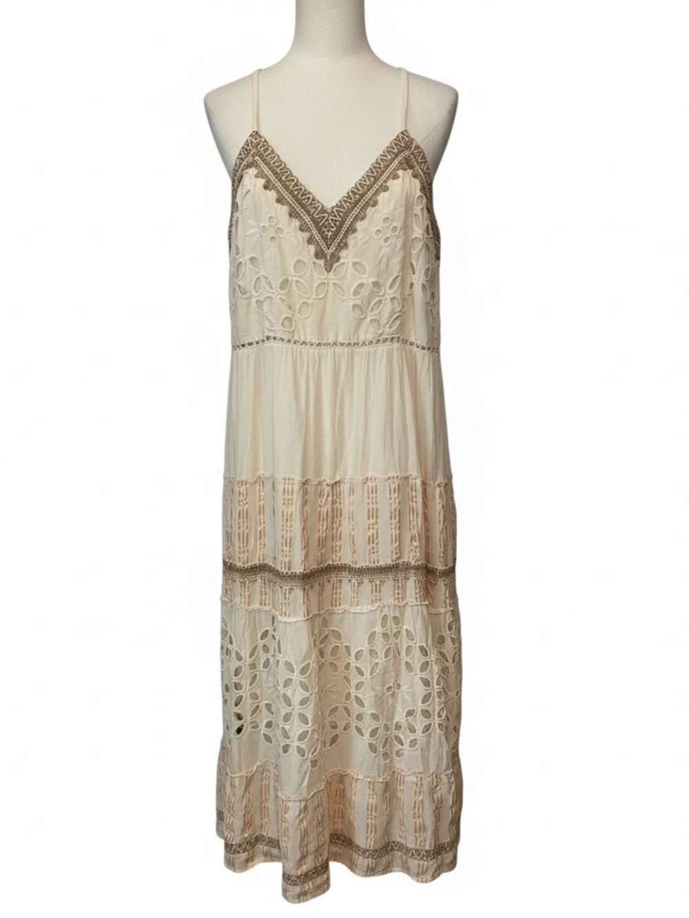 Me 2 Anthropologie Ivory w/neutral trim embroidered Boho western tiered Maxi - Picture 2 of 4